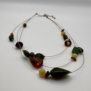 Layered Green & Amber Multi-Bead Wire Necklace